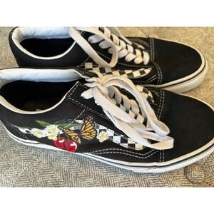 Vans Womens 7.5 Mens 6 Black Suede Canvas Check Butterfly Cherries  Shoes‎ Skate